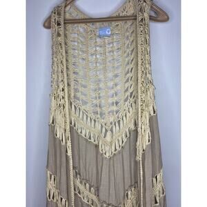 Blue Wren L Tan Crochet Knit Vest Sleeveless Duster Bohemian Layering Piece Boho